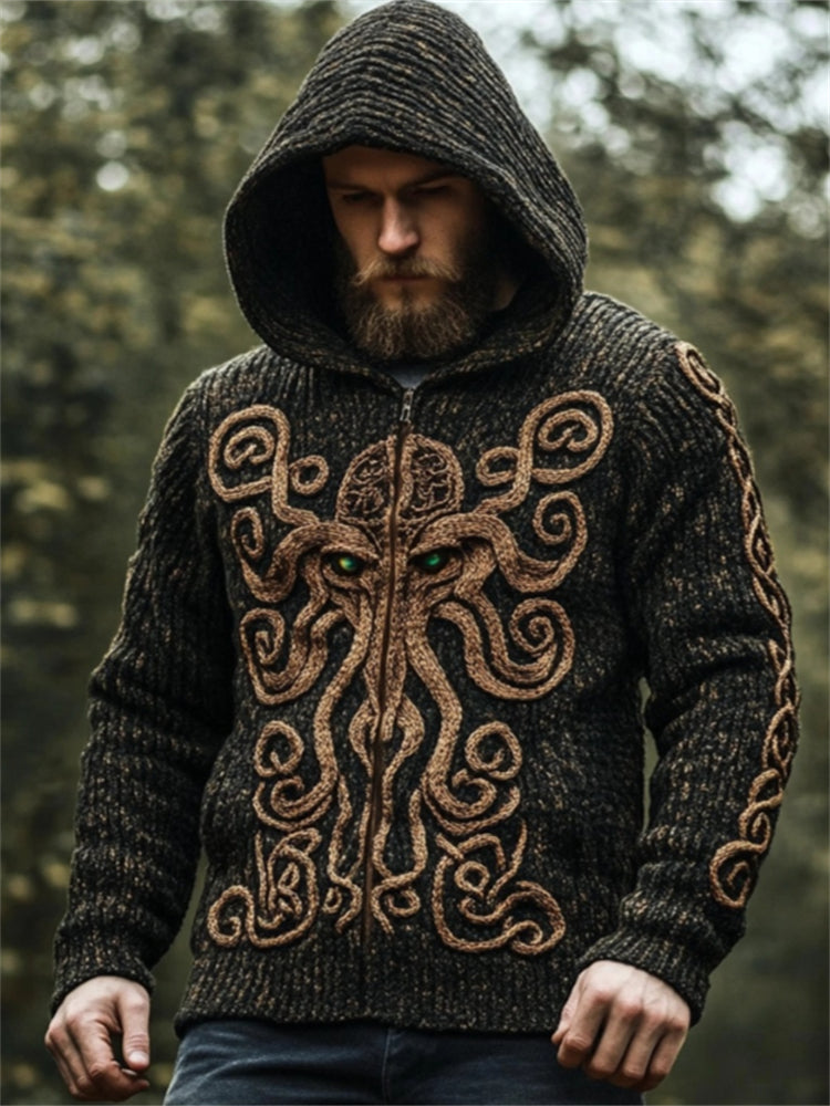 Men's Cthulu Celtic Cozy Chunky Hooded Cardigan elevenforest