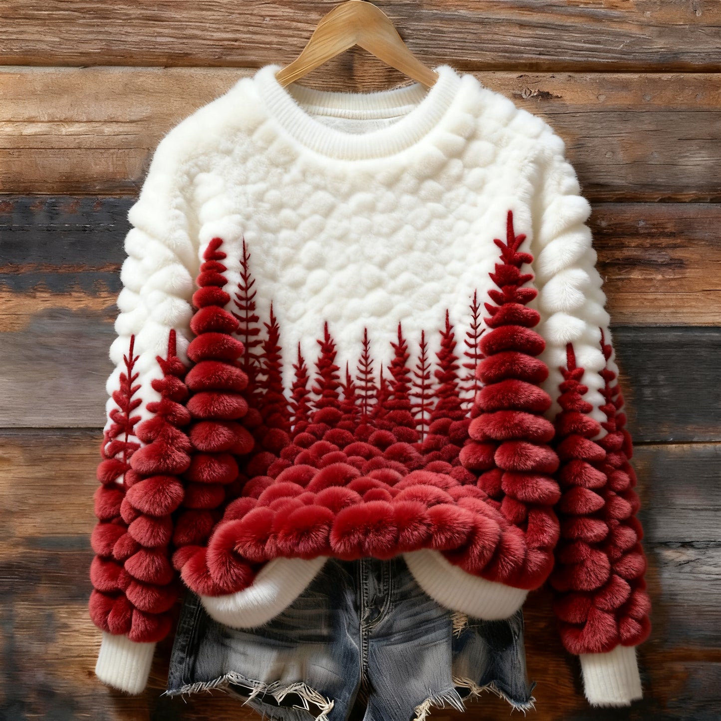 Christmas Tree Patterned Plush Pullover Sweatshirt