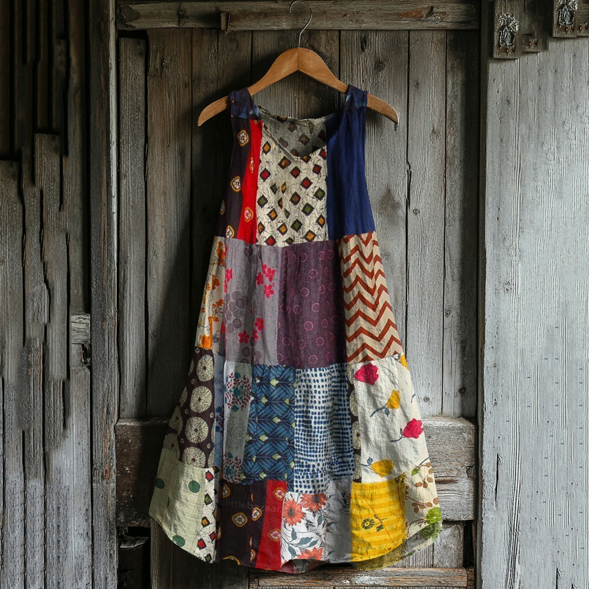 Vintage Floral Patchwork Art Linen Blend Tank Dress artswardrobe