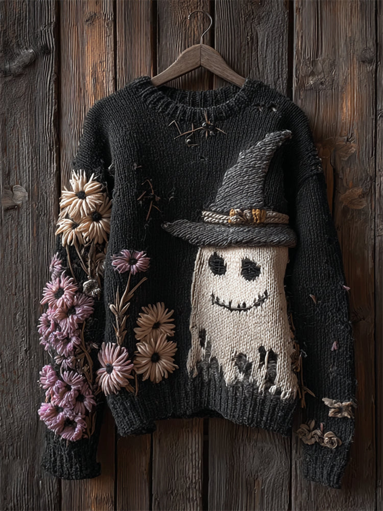 Halloween Lovely Ghost Floral Embroidered Cozy Knit Sweater elevenforest