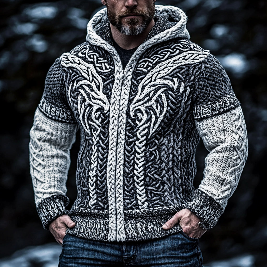 Men's Viking Wolf Style Celtic Thick Zip Hooded Sweater elevenforest