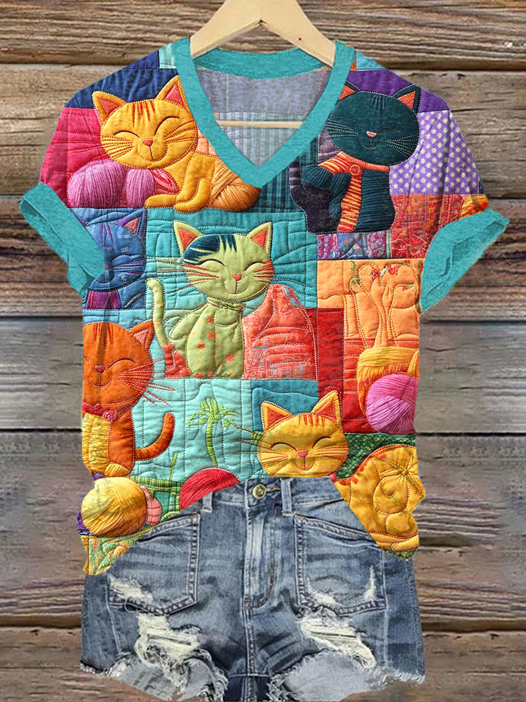 Colorful Cat Pattern Patchwork Art V-neck T-Shirt elevenforest