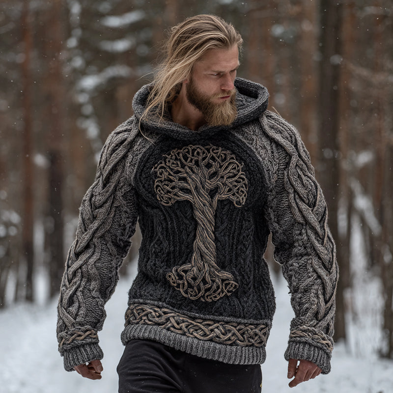 Men's Vintage Viking Tree Of Life Celtic Knot Art Jacquard Chunky Knitted Cozy Hooded Sweater artswardrobe