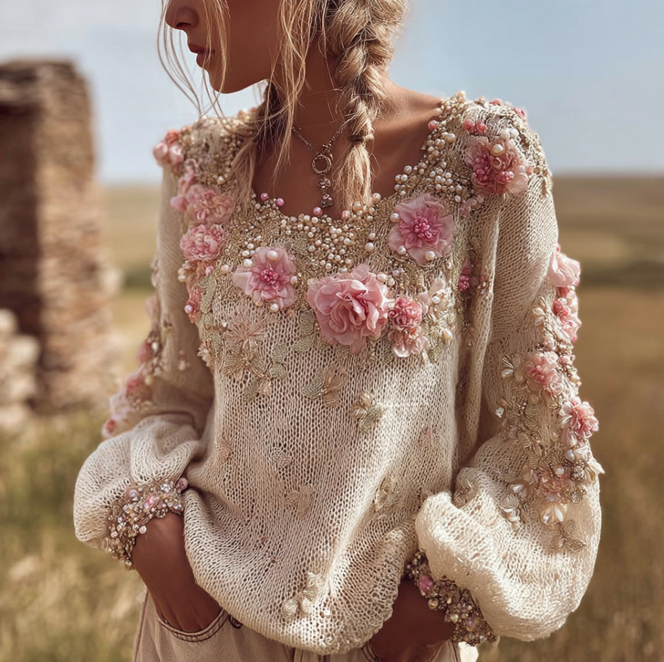 Bohemian Style Round Neck Long Sleeve 3d Floral Design Women's Sweater elevenforest