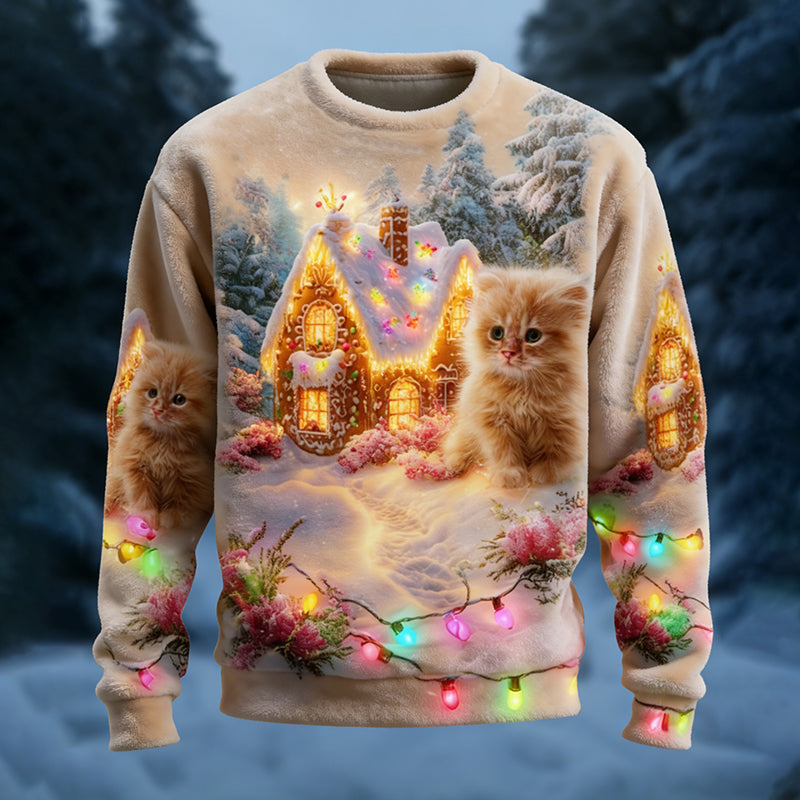 Comstylish Women's Christmas Snow Scene And Cat Comfortable Plush Crew Neck Sweatshirt