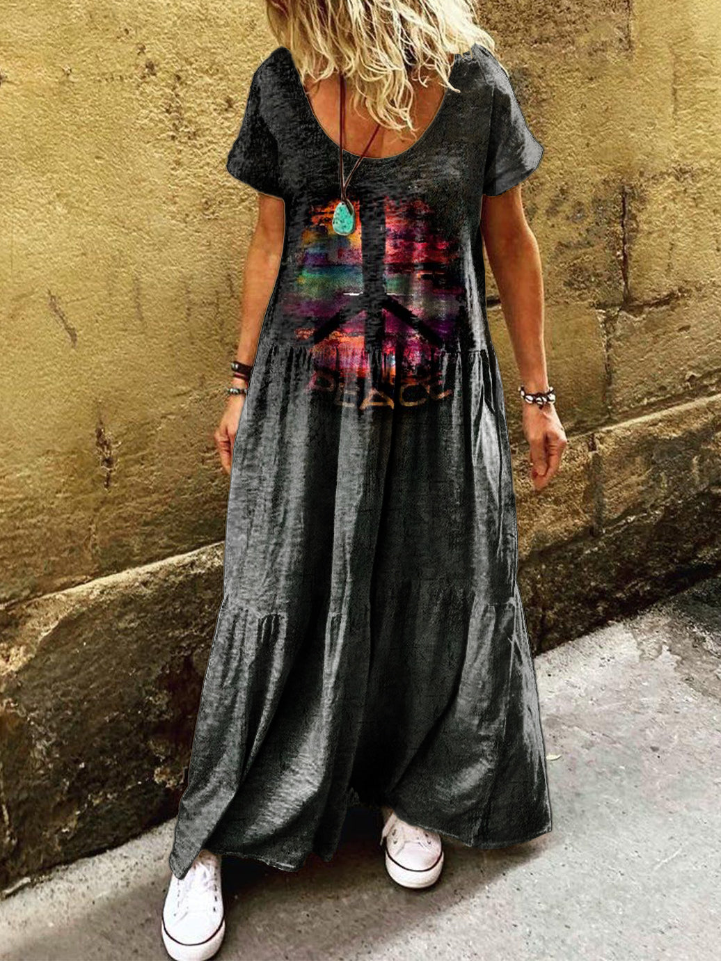 Women's Hippie Peace Art Print Pocket Short Sleeve Cotton Dress