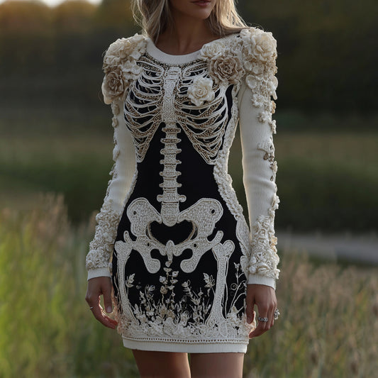 Comstylish Women's Halloween Skeleton Bones With Rose Art Cozy Knit Mini Sweater Dress