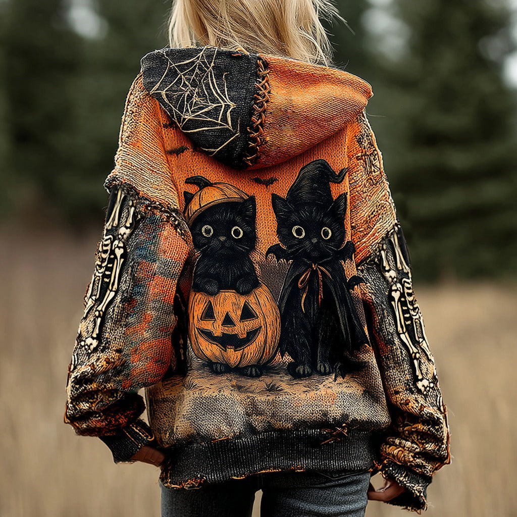 Halloween Funny Black Cat Pumpkin Jacquard Knitted Zipper Up Hooded Sweater elevenforest