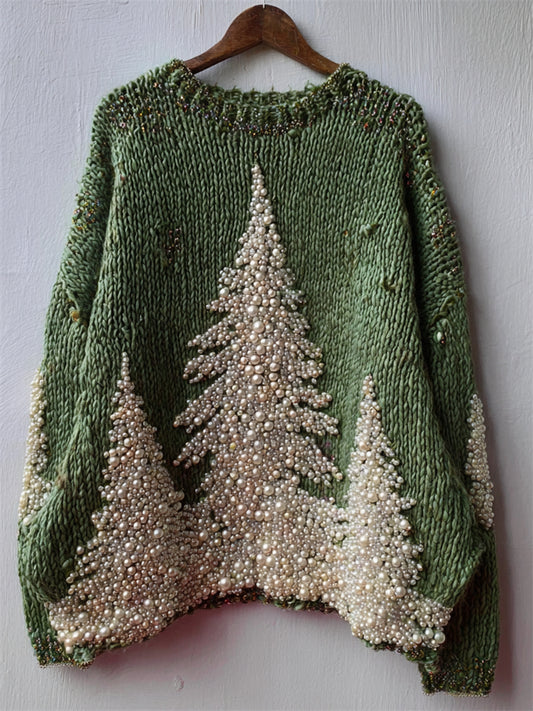Vintage Christmas Trees Pearls Beaded Cozy Knit Sweater artswardrobe