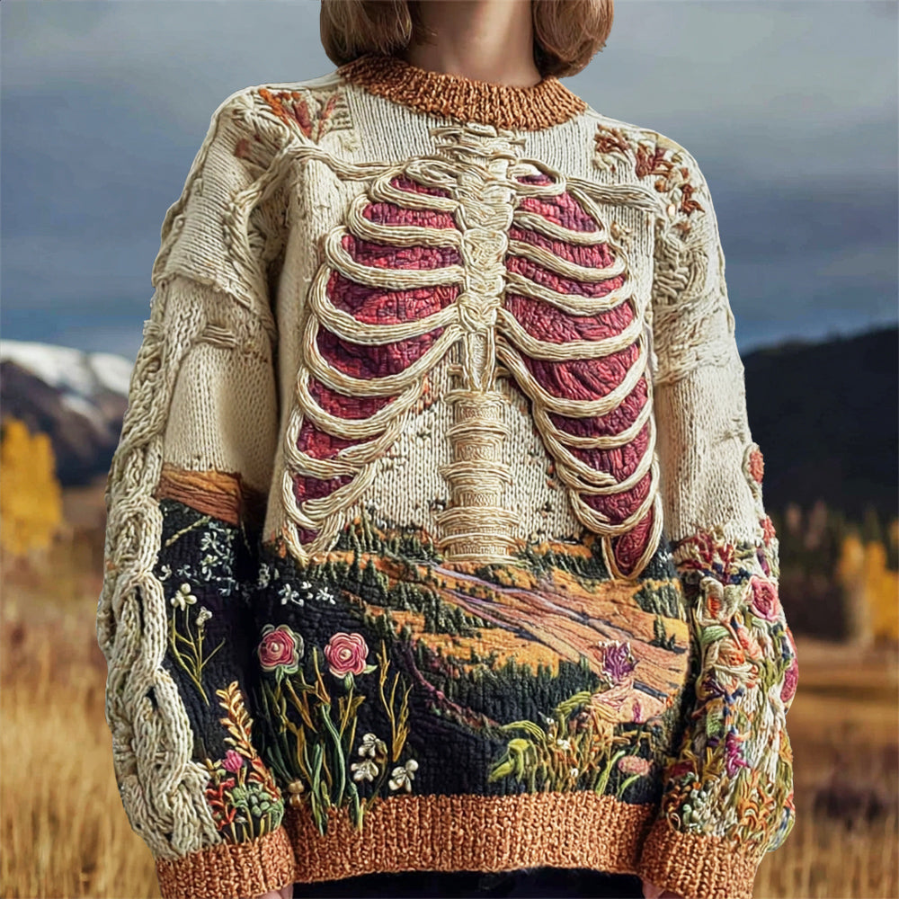 Vintage Anatomy & Floral Embroidery Women's Knit Crew Neck Sweater artswardrobe