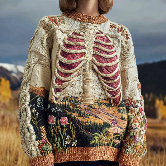 Vintage Anatomy & Floral Embroidery Women's Knit Crew Neck Sweater artswardrobe