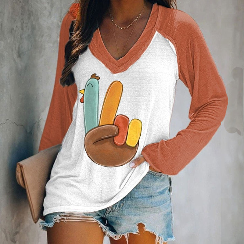 Women's Thanksgiving Peace Turkey Print V-Neck T-Shirt artswardrobe