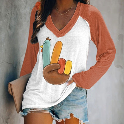 Women's Thanksgiving Peace Turkey Print V-Neck T-Shirt artswardrobe