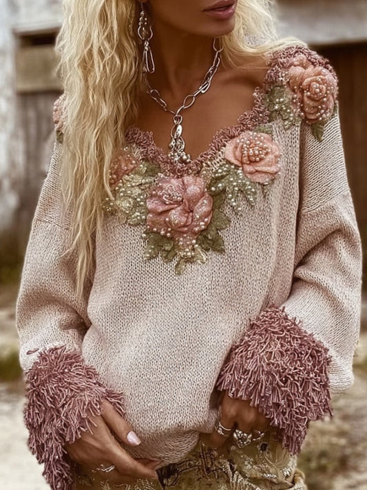 Women's Flower Retro-colored Round-neck Thick Sweater elevenforest