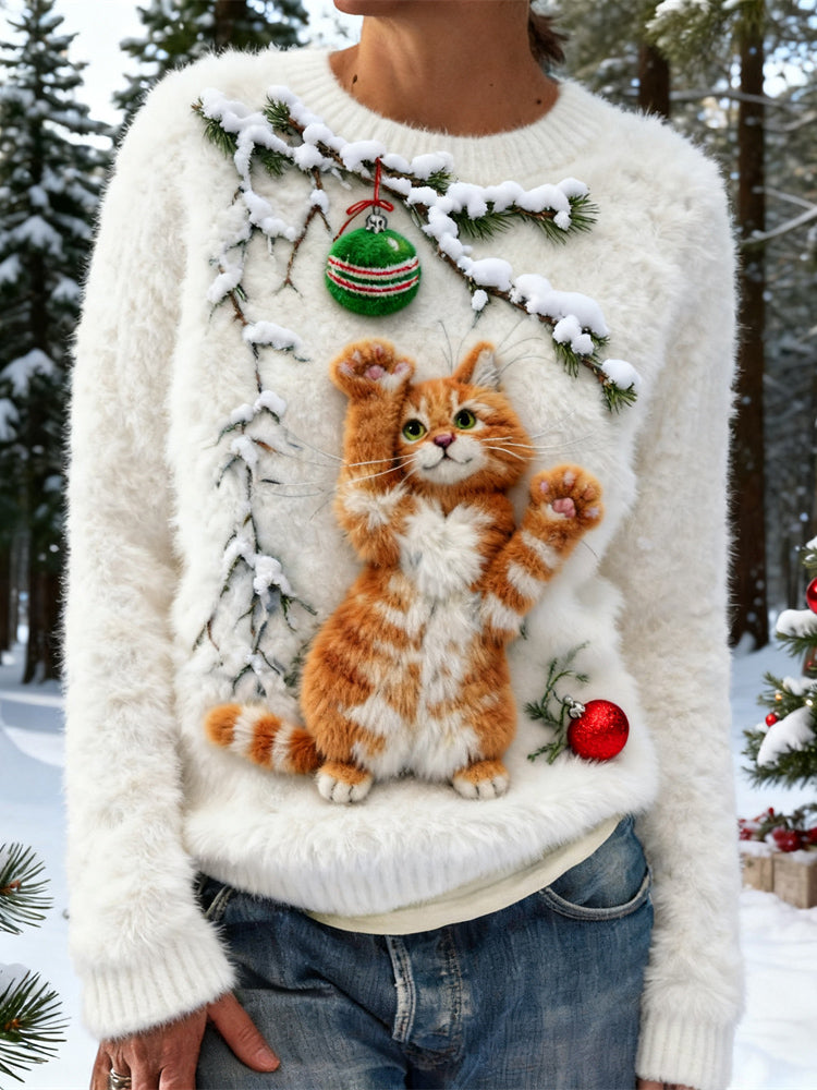 Christmas Playful Cat Design Women's Soft Plush Sweater