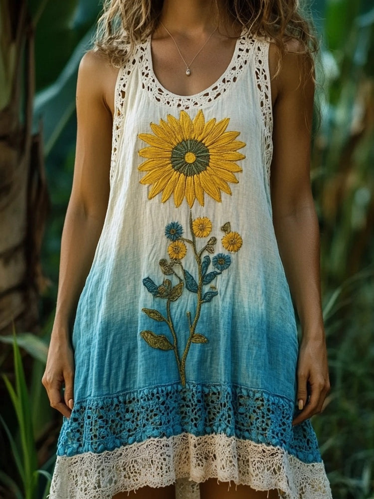 Boho Sunflower Embroidered Lace Patchwork Linen Maxi Dress artswardrobe