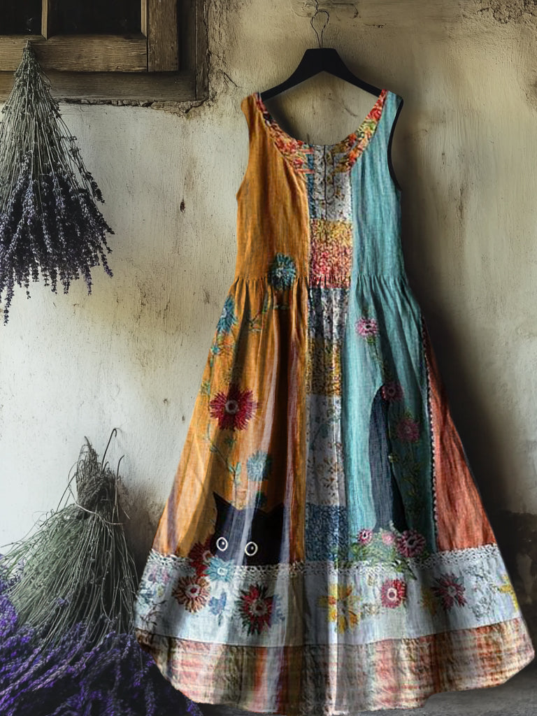 Women's Floral Cat Pattern Art Print Round Neck Sleeveless Cotton Pock