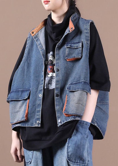 Gilet di jeans blu elegante con bottoni, tasche e patchwork, autunno