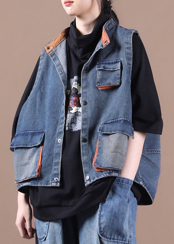 Gilet di jeans blu elegante con bottoni, tasche e patchwork, autunno