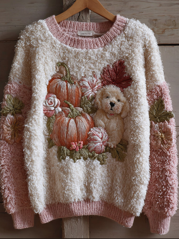 Comstylish Cute Puppy And Pumpkin Pink White Spliced Warm Sweater