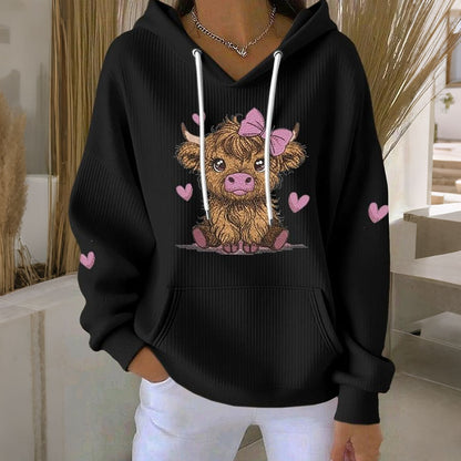Comstylish Women's Cute Heart Highland Cow Print Long Sleeve Casual Hoodie