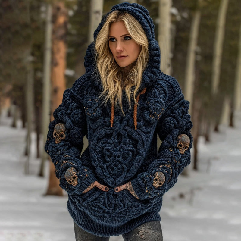 Women's Vintage Viking Tribal Celtic Skull Art Cozy Hooded Sweater artswardrobe