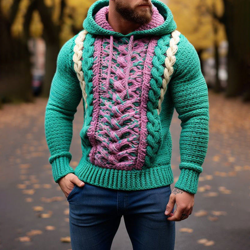 Men'S Multicolor Knit Jacquard Hooded Sweater elevenforest