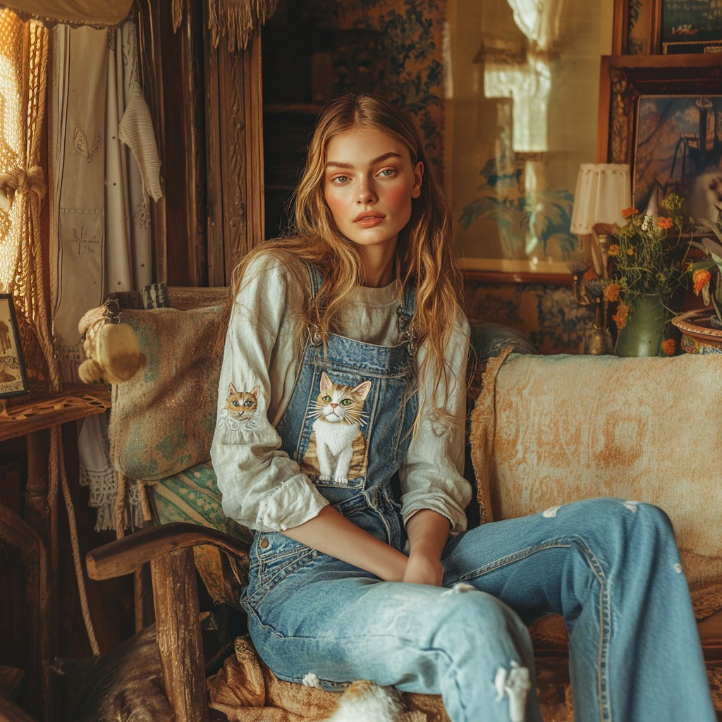 Vintage Cute Cat Embroidery Denim Overalls Art Jeans Jumpsuit elevenforest