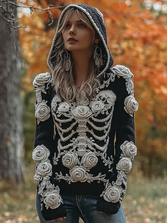 Comstylish Vintage Skeleton Roses Crochet Art Cozy Hooded Sweater