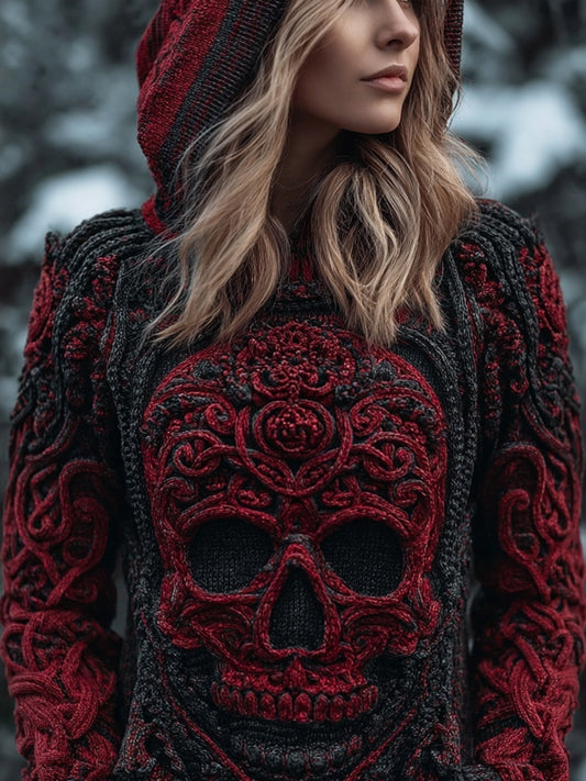 Vintage Spooky Skull Gradient Chunky Hooded Sweater artswardrobe