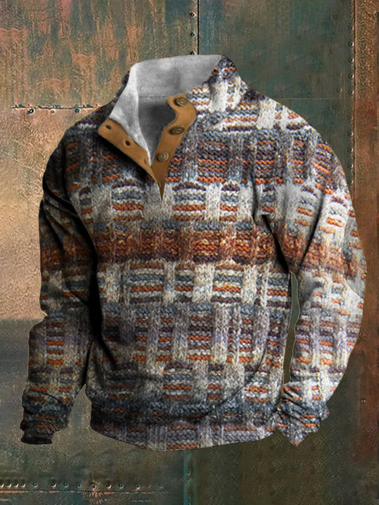Vintage Colorful Knit Pattern Men's Stand-Up Sweater elevenforest