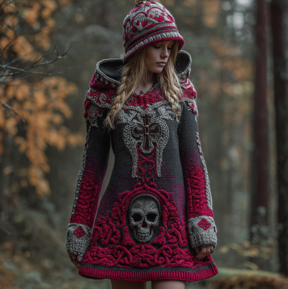 Halloween Viking Style Lady Hooded Knit Sweater Dress elevenforest
