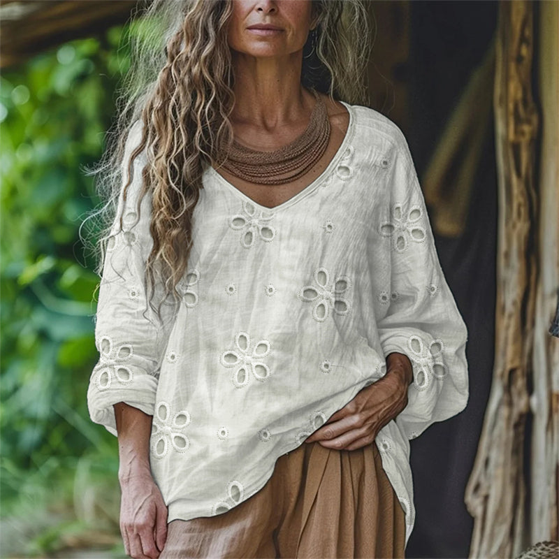 Comstylish Floral Hollow Lace Embroidered Flowy Linen Tunic