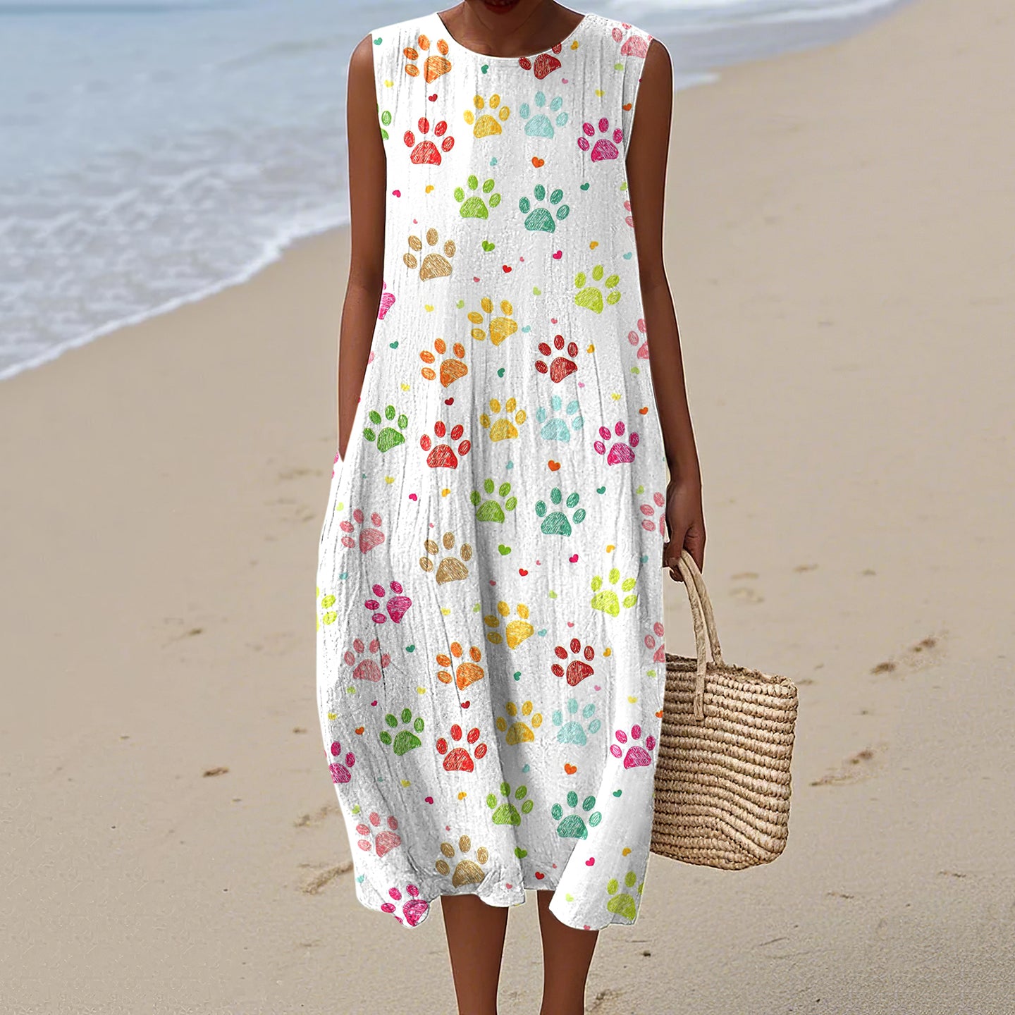 Comstylish Women's Dog Paw Print Crew Neck Tank Midi Dress