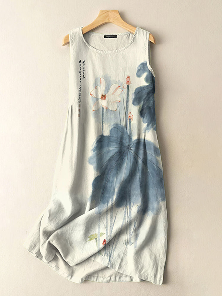 Vintage Japanese Ink Lotus Print Sleeveless Cotton And Linen Midi Dres