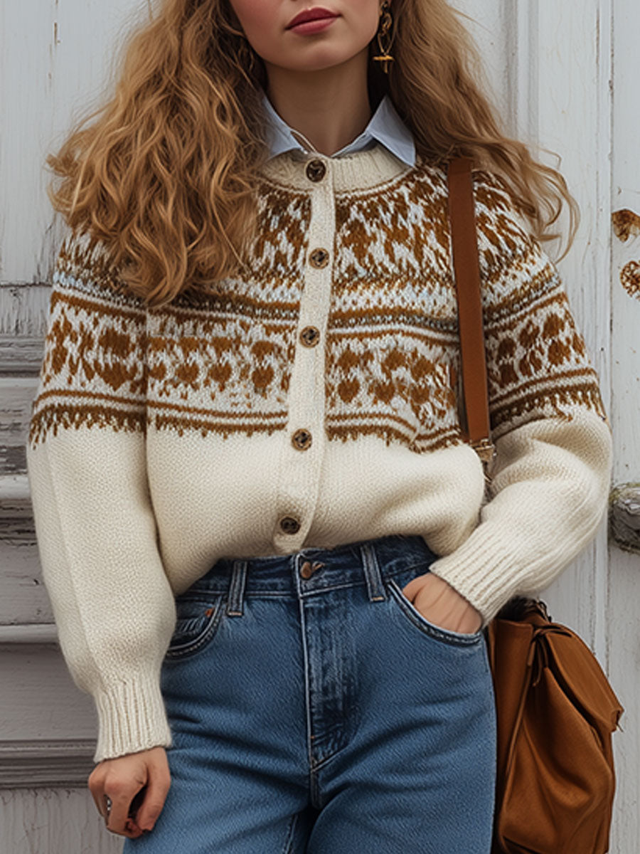 Vintage Beige Patchwork Western Pattern Wool Sweater