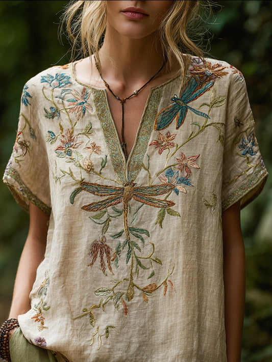 Bohemian Style Dragonfly Flower Three-dimensional Embroidery Vintage V-neck Short-sleeved Shirt artswardrobe