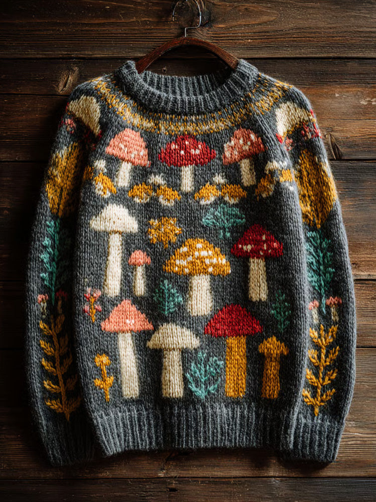Women's Retro Mushroom Print Crew Neck Sweater artswardrobe