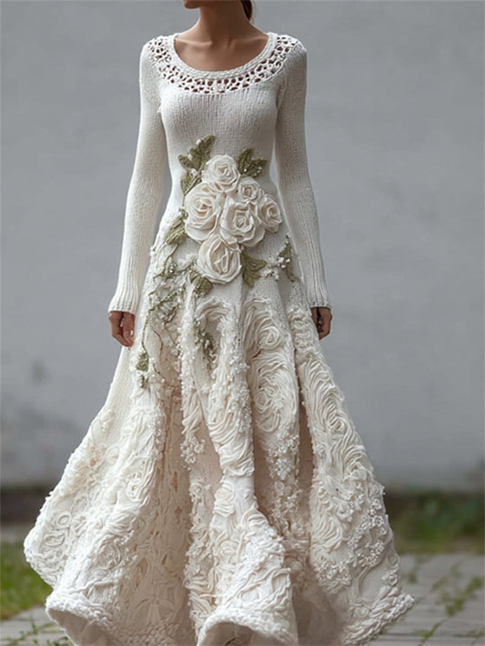 Classy White Roses Lace Patchwork Cozy Maxi Sweater Dress artswardrobe