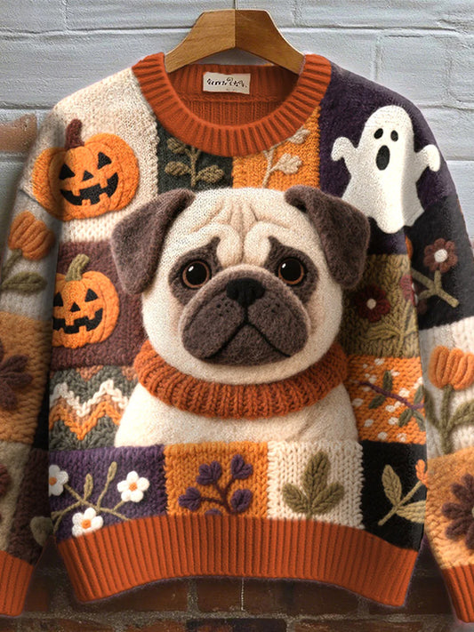 Women's Lovely Pug Felt Art Cozy Knit Sweater artswardrobe