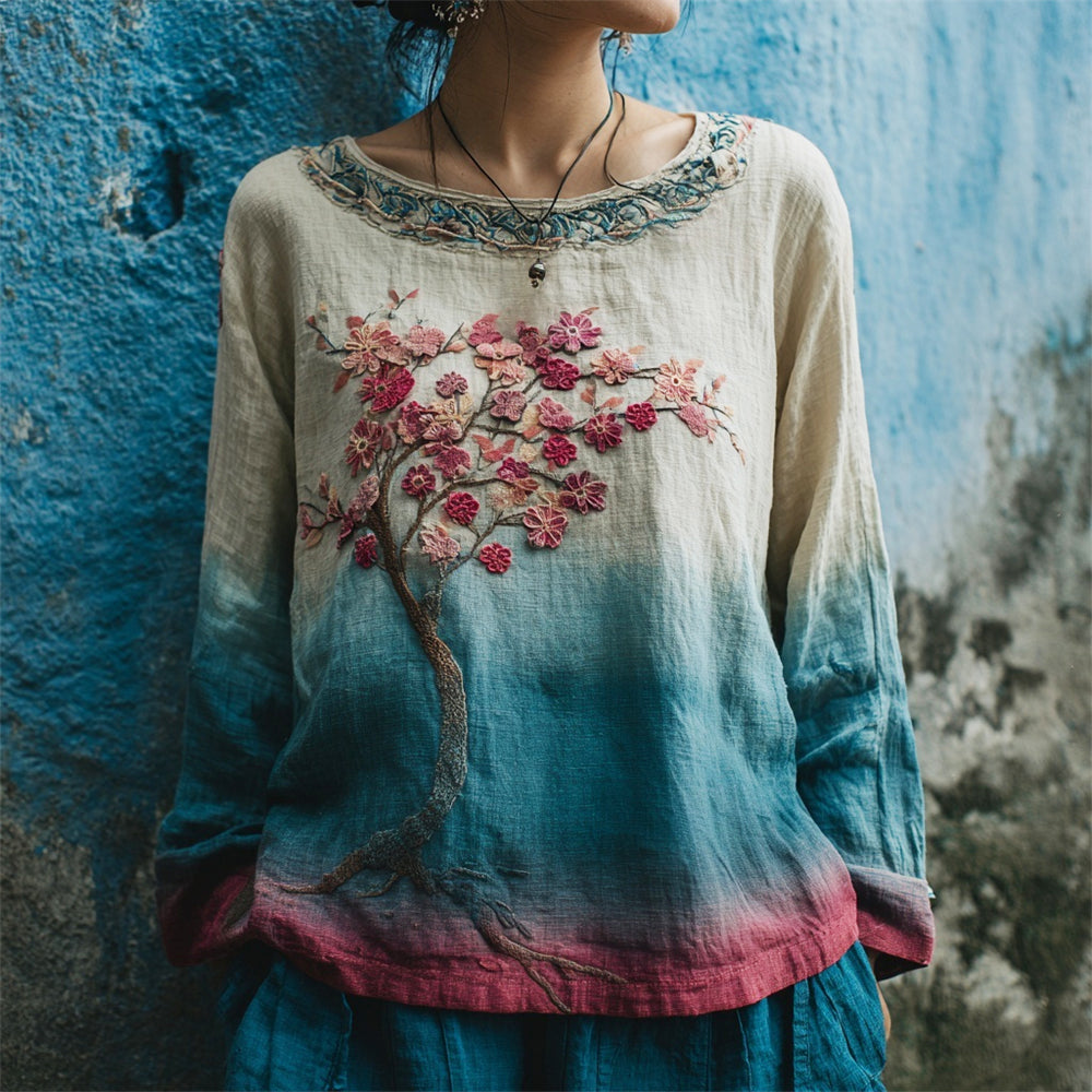 Comstylish Vintage Plum Flower Embroidery Women's Linen Long Sleeve Shirt