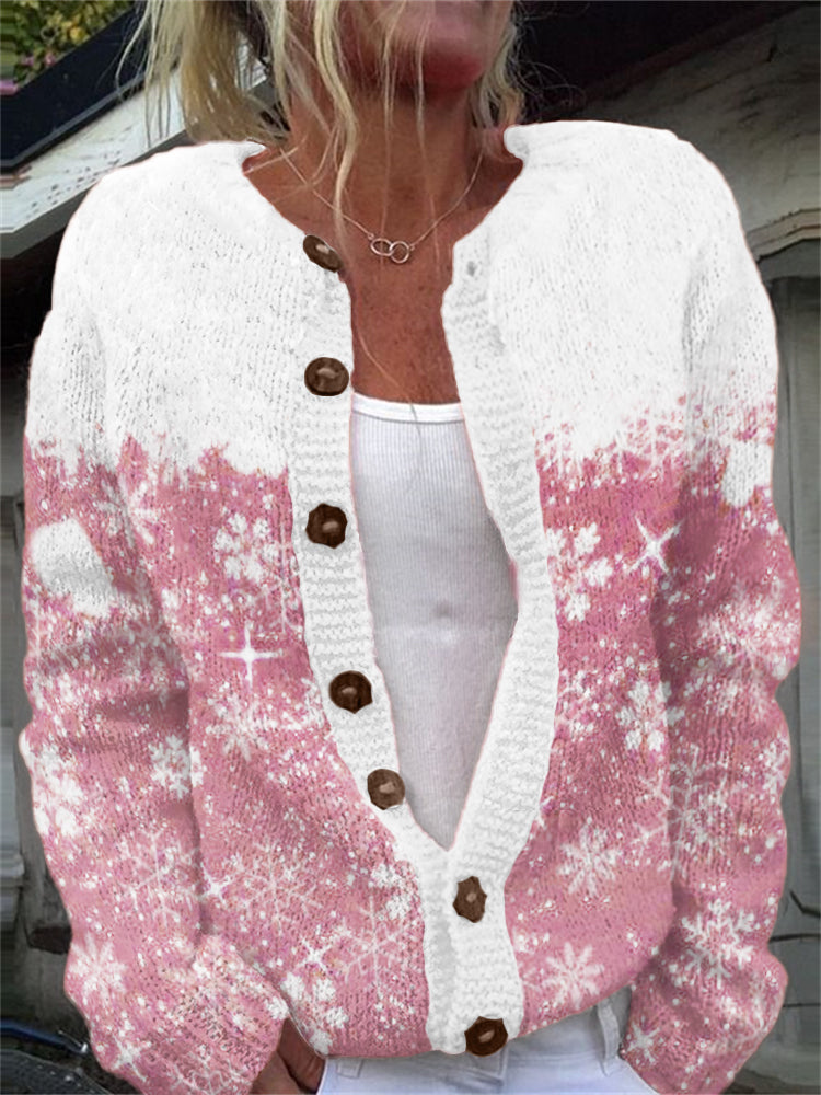 Pink Christmas Snowflakes Contrast Cozy Knit Cardigan elevenforest