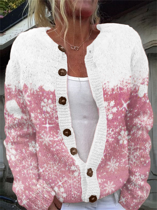 Pink Christmas Snowflakes Contrast Cozy Knit Cardigan elevenforest