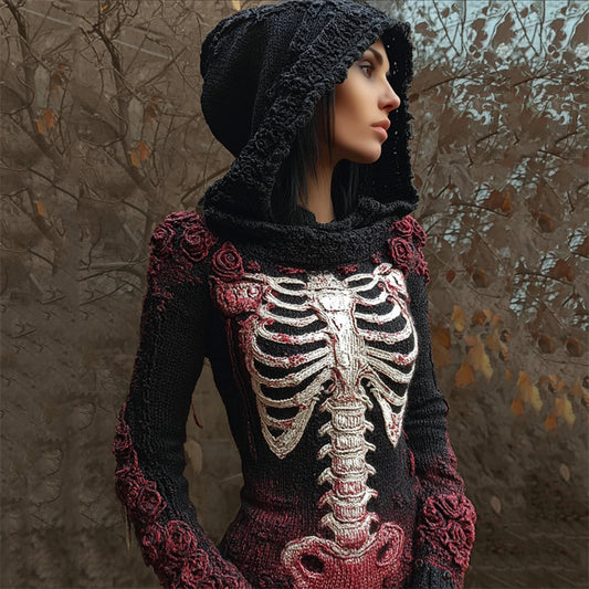 Vintage Bloody Roses Skeleton Gradient Cozy Knit Hooded Sweater artswardrobe