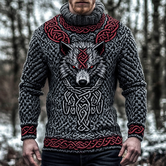 Vintage Viking Wolf Chunky Knit Jacquard Men's Crew Neck Sweater artswardrobe