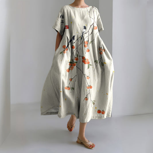 Comstylish Japanese Art Persimmon Linen Blend Short Sleeve Maxi Dress