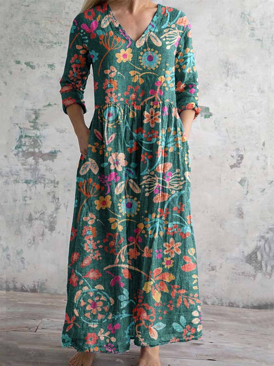 Women's V-neck Elegant Poppy Floral Print Cotton Dress