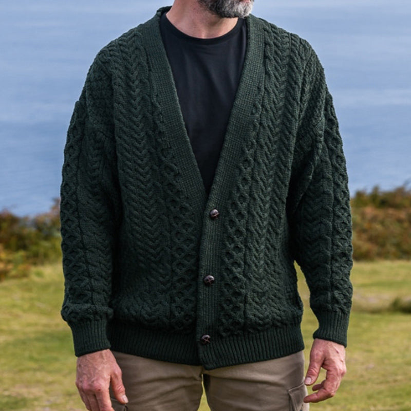 Men's Merino Wool Aran V-Neck Sweater Cardigan artswardrobe