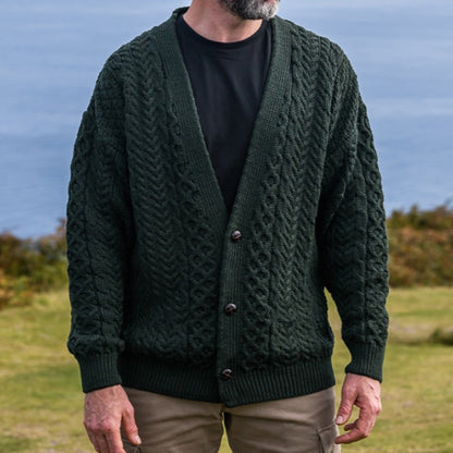 Men's Merino Wool Aran V-Neck Sweater Cardigan artswardrobe