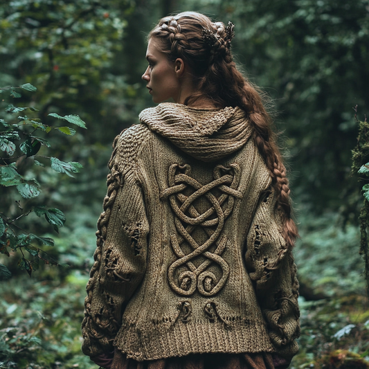 Women's Celtic Knot Retro Cozy Knit Hooded Cardigan elevenforest